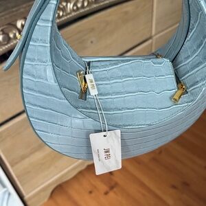 JW PEI Croc-Embossed Crescent Shoulder Bag in Sky Blue